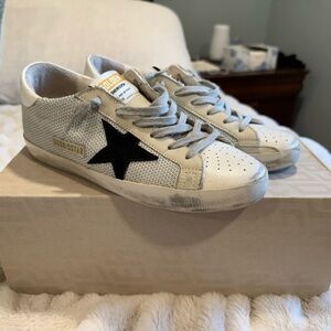 Golden Goose Cream and Gray Super-Star Sneakers
